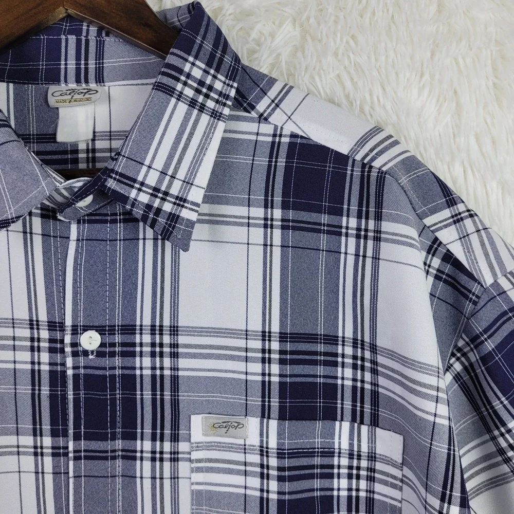 Cal Top Mens Navy Blue White Plaid Short Sleeve Button Up Shirt Lowrider 3XL
